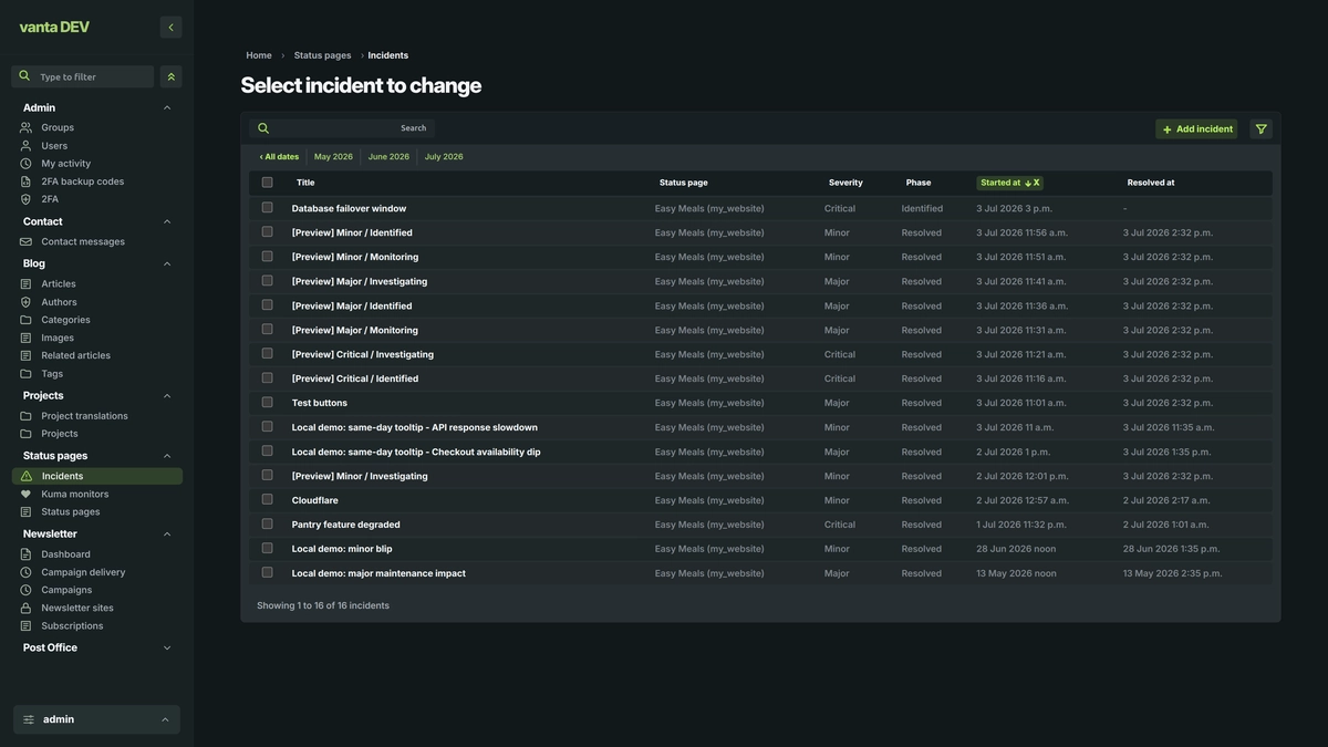 Vanta Admin populated incident changelist