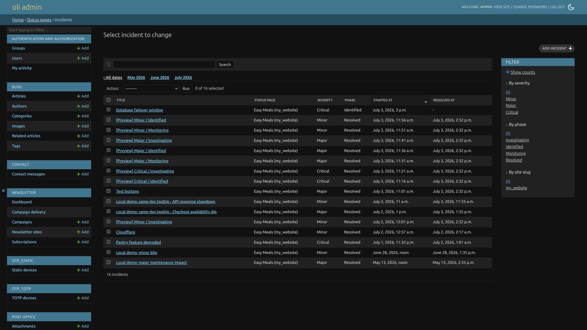 Standard Django Admin populated incident changelist