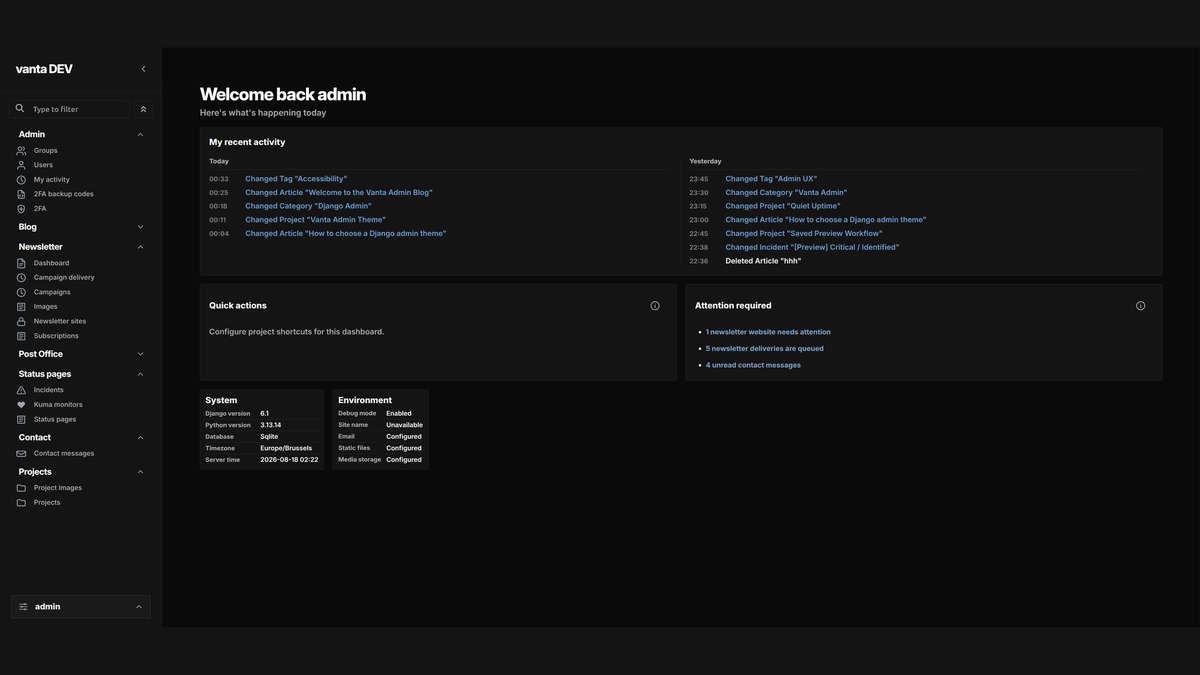 Vanta Admin dashboard and navigation