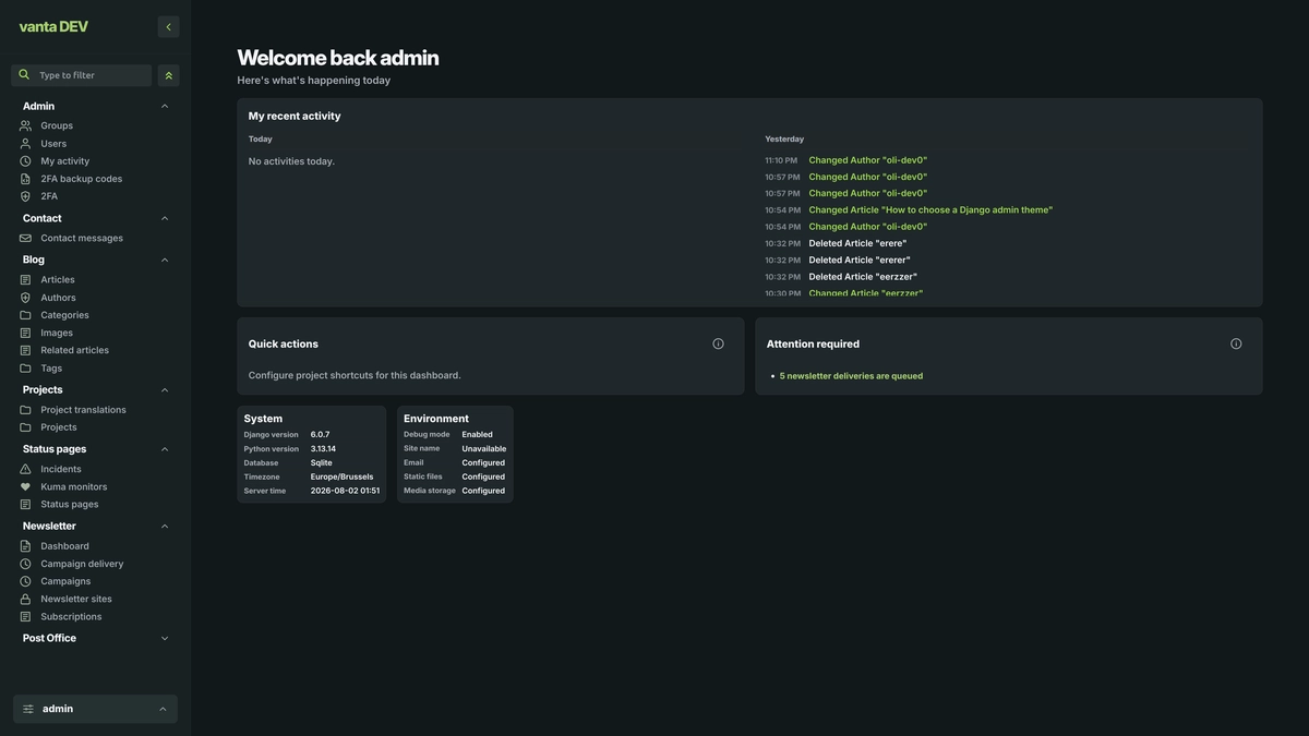 Vanta Admin dashboard and navigation