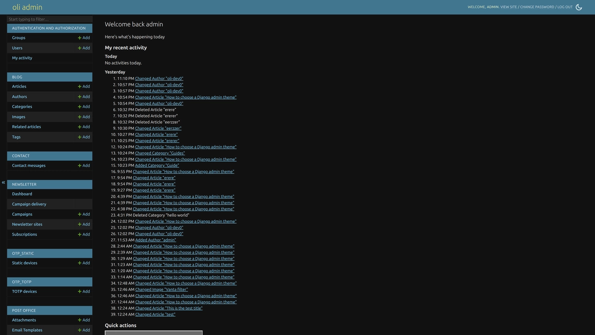 Standard Django Admin dashboard and navigation