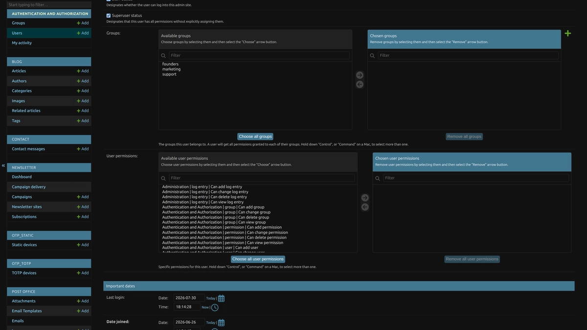 Standard Django Admin long user change form