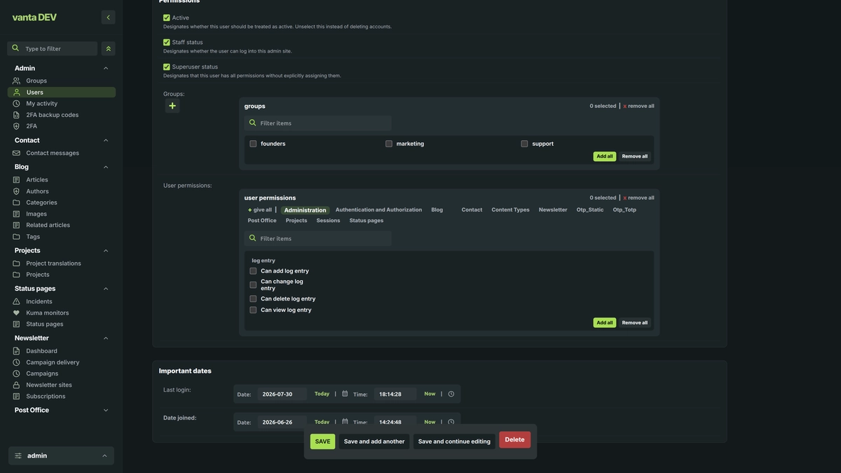 Vanta Admin long user change form