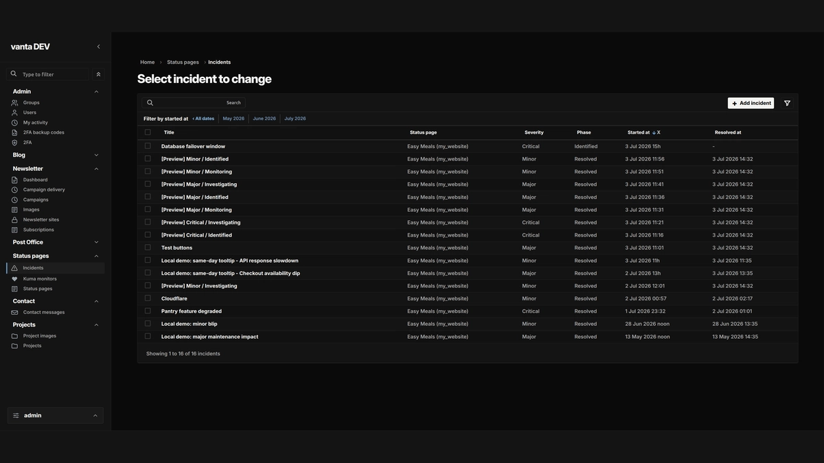 Vanta Admin dashboard with the same comparison sample data