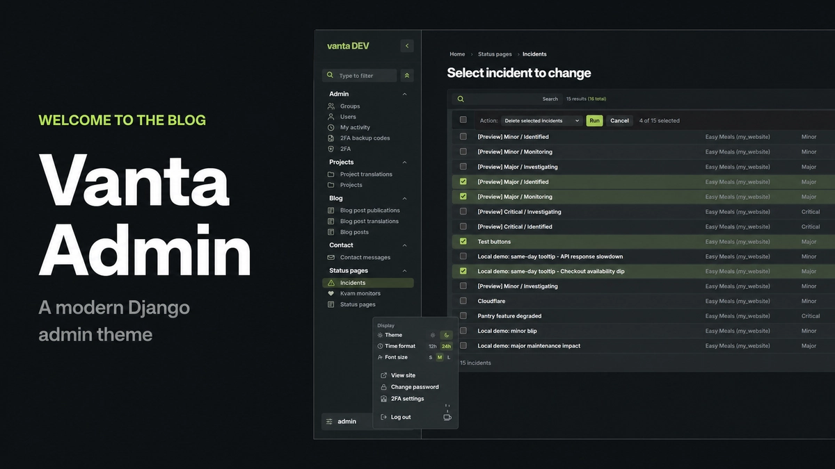 Abstract dark editorial illustration of a welcoming Django admin workspace with green panels and a subtle V-shaped composition