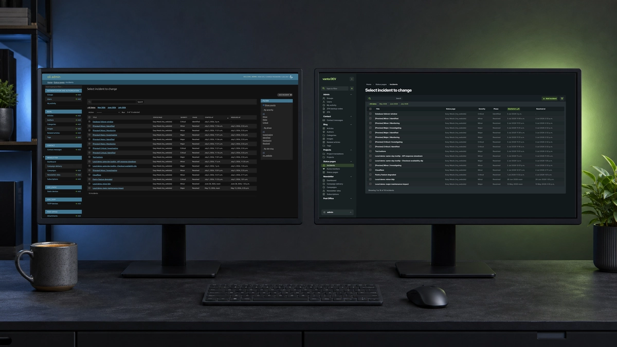 Abstract comparison of a plain Django admin workspace and a focused green-accented admin theme