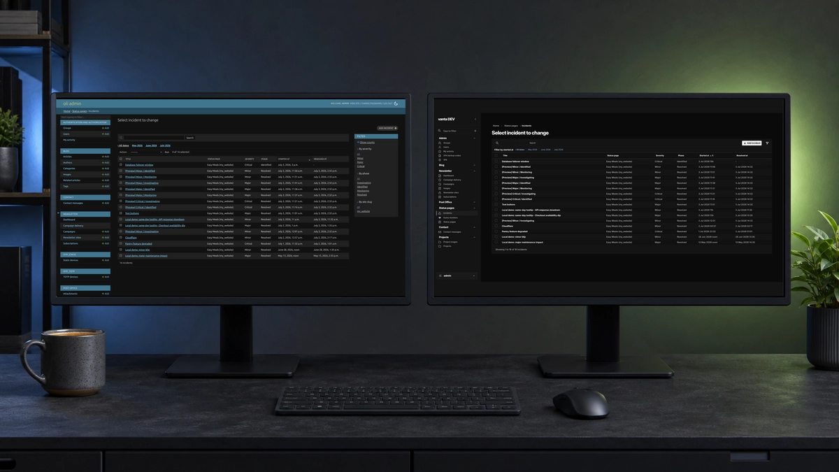 Abstract comparison of a plain Django admin workspace and a focused green-accented admin theme