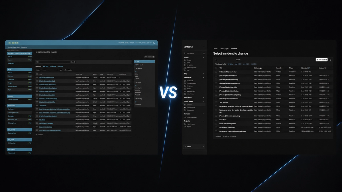 Default Django admin and Vanta Admin screens side by side with a VS label on a dark blue-accented background