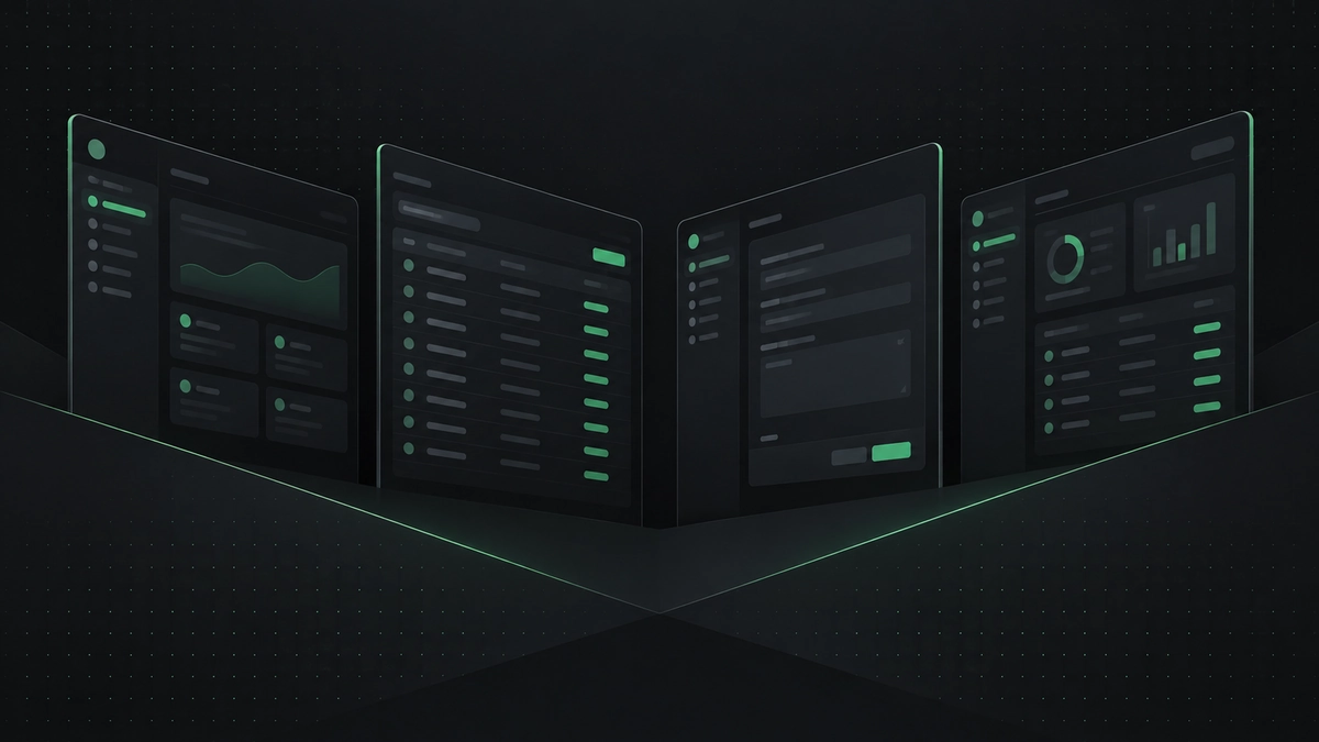 Four abstract admin panels with distinct visual styles arranged for comparison