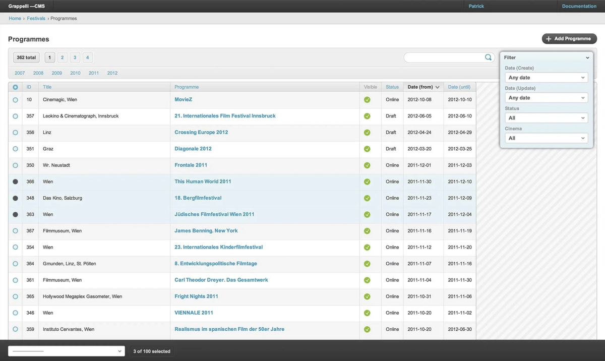 Grappelli CMS Programs changelist with date and status filters