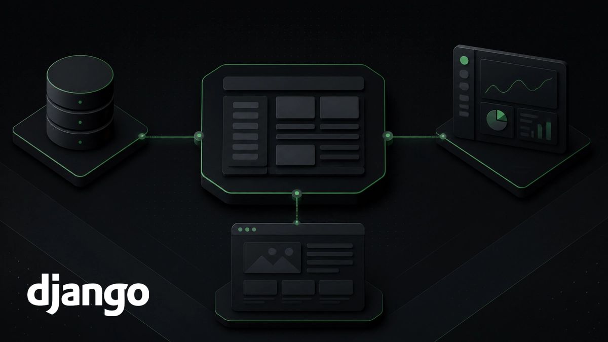 White Django wordmark in the lower-left beside an abstract connected web app, database, admin panel, and public page
