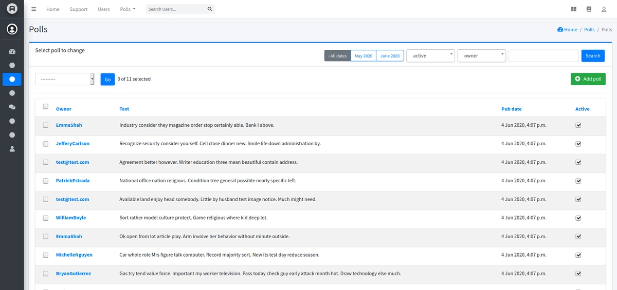 Jazzmin Django admin change list showing AdminLTE navigation, filters, search, and poll records