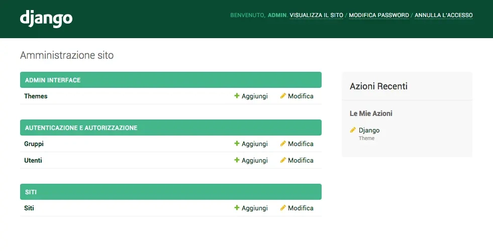 django-admin-interface dashboard showing green customizable styling and recent actions