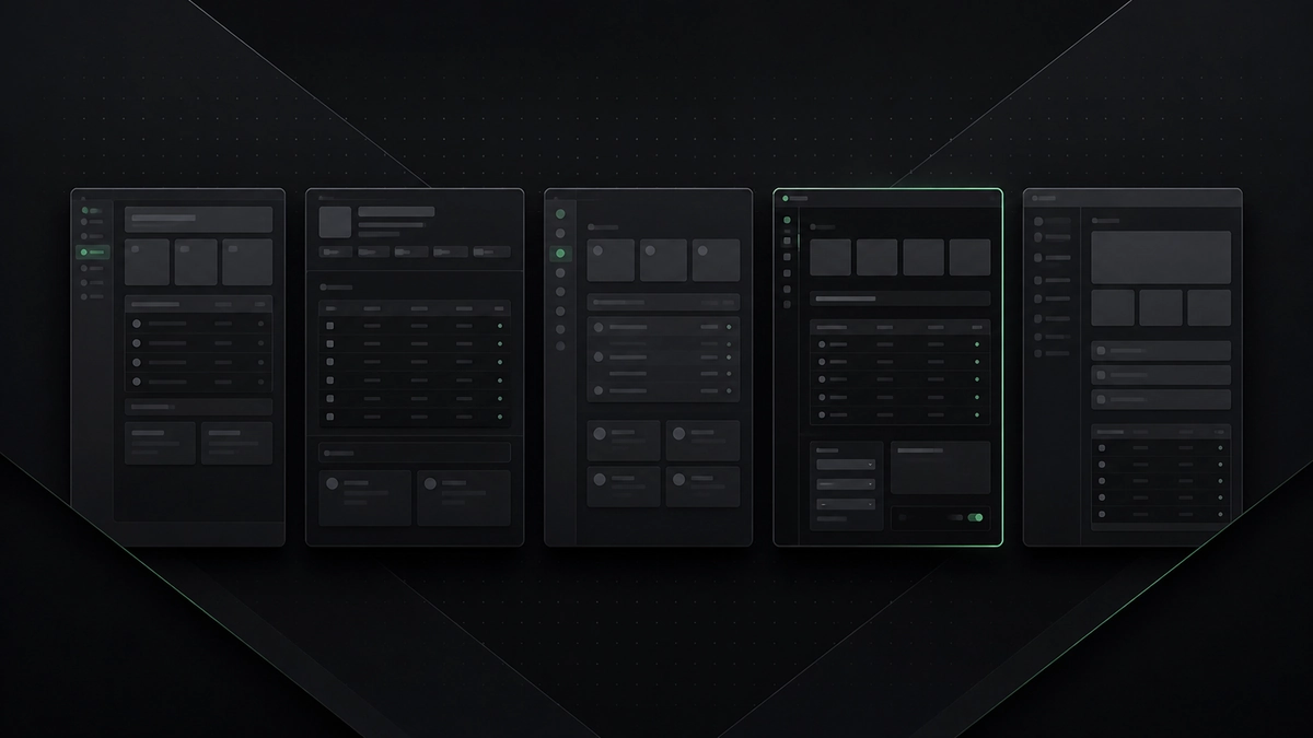 Five abstract Django admin panels compared side by side, with a focused dark panel highlighted in green