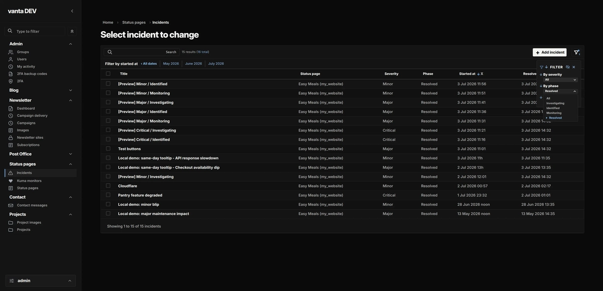 Vanta Admin incident change list showing its dark interface, compact navigation, search, and filters