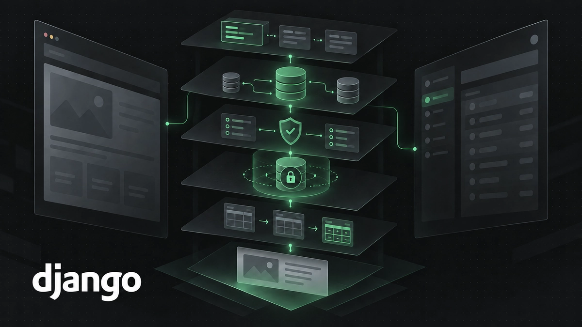 Dark technical illustration of layered Django components revealing connections between queries, validation, transactions, migrations, templates, and admin panels