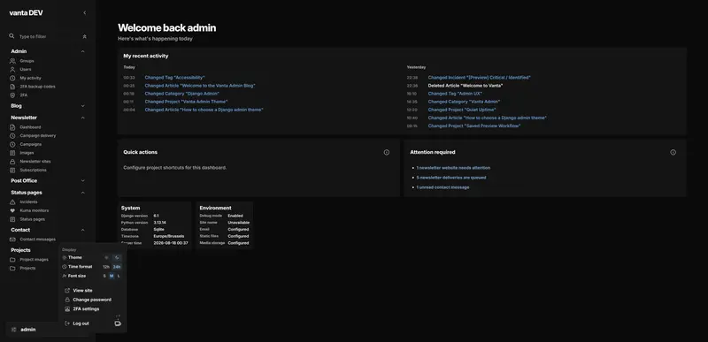 Vanta Admin-dashboard met genummerde markeringen voor navigatie, accountmenu en dashboardinformatie.