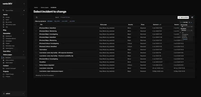 Vanta Admin dashboard avec une barre latérale sombre, des métriques, une activité et un tableau admin.