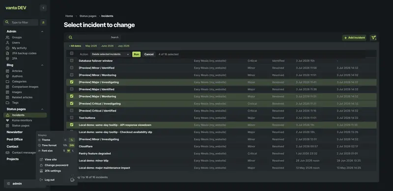 Vanta Admin dashboard with a dark sidebar, metrics, activity, and admin table.